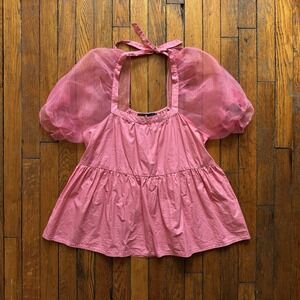Pomander Place Tuckernuck Barbie Pink Puff Sleeve Tinsley Peplum Top Size Medium